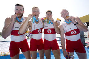 Kingston's Will Crothers, right, celebrates Canada's gold medal in the men's four at the Pan Am Games in St. Catharines. — Katie Steenman Images photo