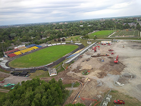 Work began July 13 on the new Richardson Stadium. Site services have been installed to the east of the current structure, as seen from this photo taken from atop John Orr Tower. —John Garrah/M.Sullivan and Son